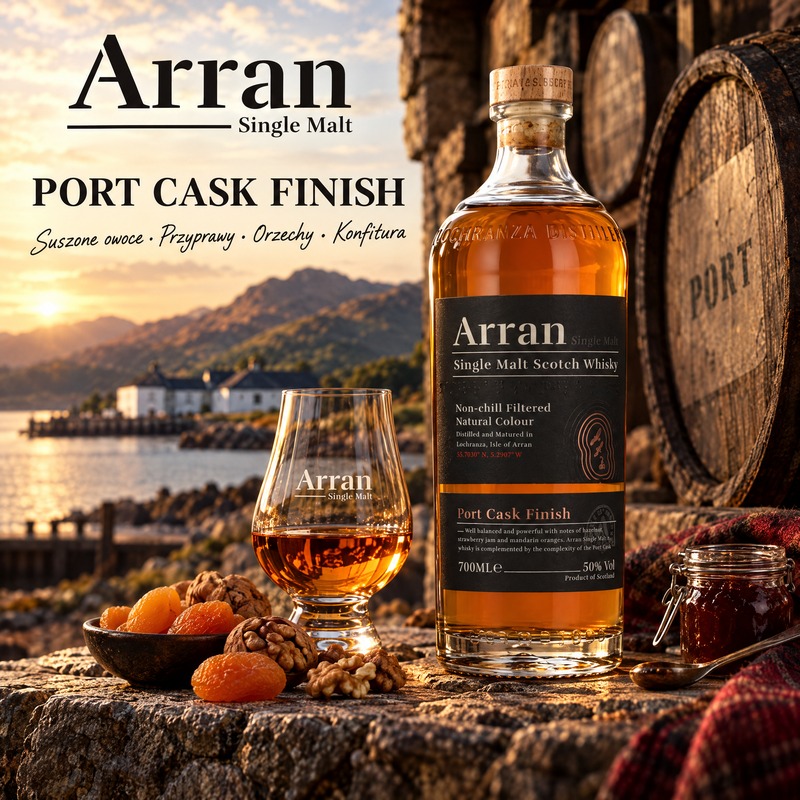 Arran Port Cask Finish na czerwonych skałach wyspy