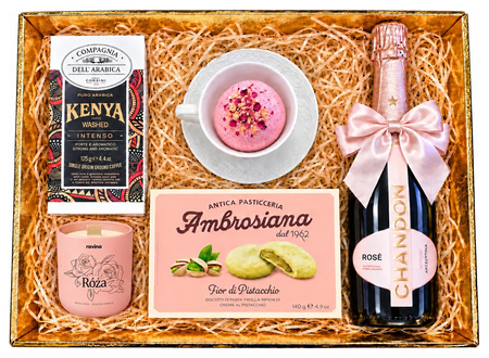 Złoty zestaw prezentowy na tacy różowy Chandon Rose